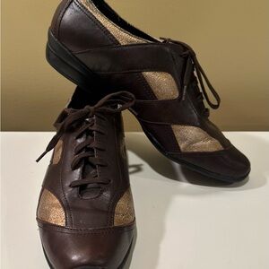 Brown Leather and Gold Metallic Women's Lace-Up Shoes